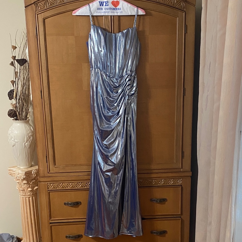 Mori Lee Metallic Silver Maxi Dress
